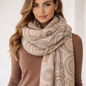 Susan Joy Neutral Scarf Wrap Beautiful Circle Pattern Chic Fringe Hem